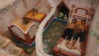 Build Underground Rugs Grass House For Cute Puppy & Beautiful Fish Pond In Underground Living Room