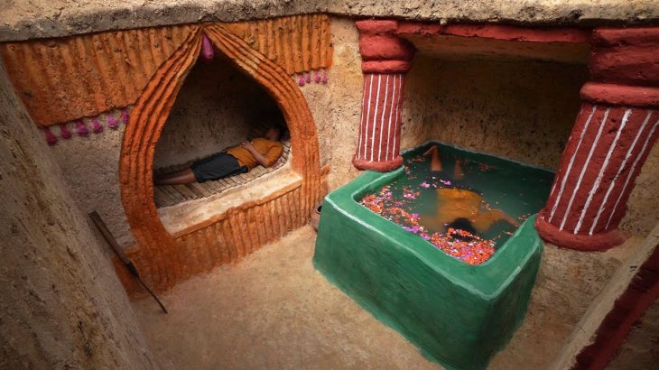 Incredible! Woman Build Beautiful Stunning Underground Temple House with Bathtub