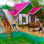 Build Swimming Pool Water Slide Around Secret Underground Bamboo House