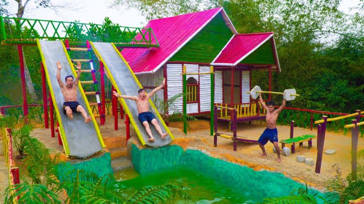 Build Swimming Pool Water Slide Around Secret Underground Bamboo House