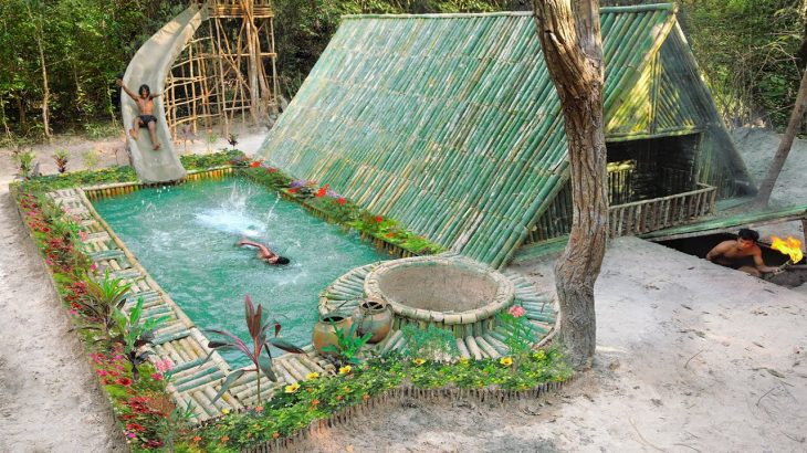 Build The Amazing Bamboo Swimming Pool With Water Slide On Underground Home