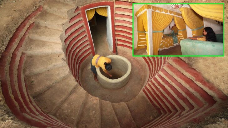 Girl Living Off The Grid, Build Lovely Underground Temple Tunnel House with Bath Pool by Skills