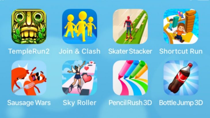 Temple Run 2,Join Clash 3D,Skater Stacker,Shortcut Run,Sausage Wars,Sky Roller,Pencil Rush 3D,Bottle
