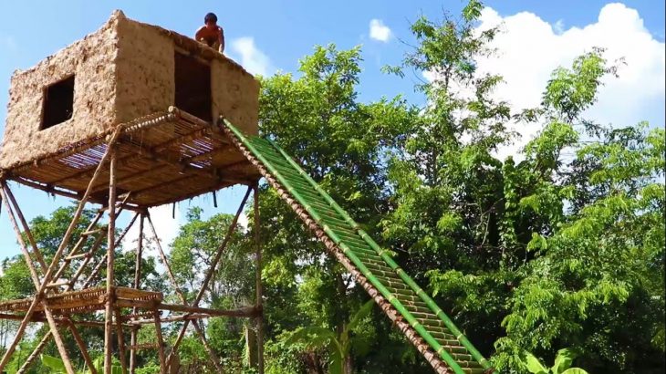 38 Days Build Twin Swimming Pool And Indigenous Mud House With Bamboo Water Slide
