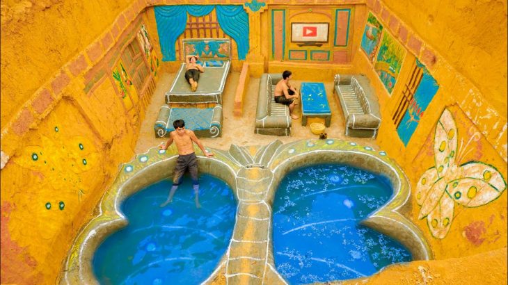 Build Underground House With Large Bed And Modern Butterfly Underground Swimming Pool