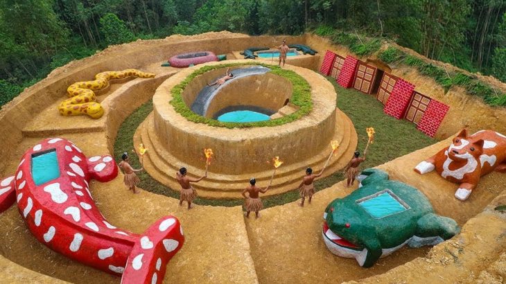 Building Water Slide Park Into Animals Zoo And Underground House