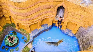 100 Days Build Swimming Pool Water Slide Crocodile Around Underground House – Primitive Survival