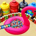 Toys Football and Orbeez in the Swimming Float -Experiment Mentos, Coca Cola, Mirinda, Sprite, Pepsi