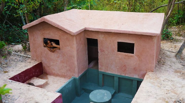 Building Underground House wood structure clay roof with Decoration Underground Living Room [Full]