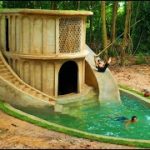 100 Days Build Underground Two Story Villa with Grass Roof and Waterslide To Swimming Pool